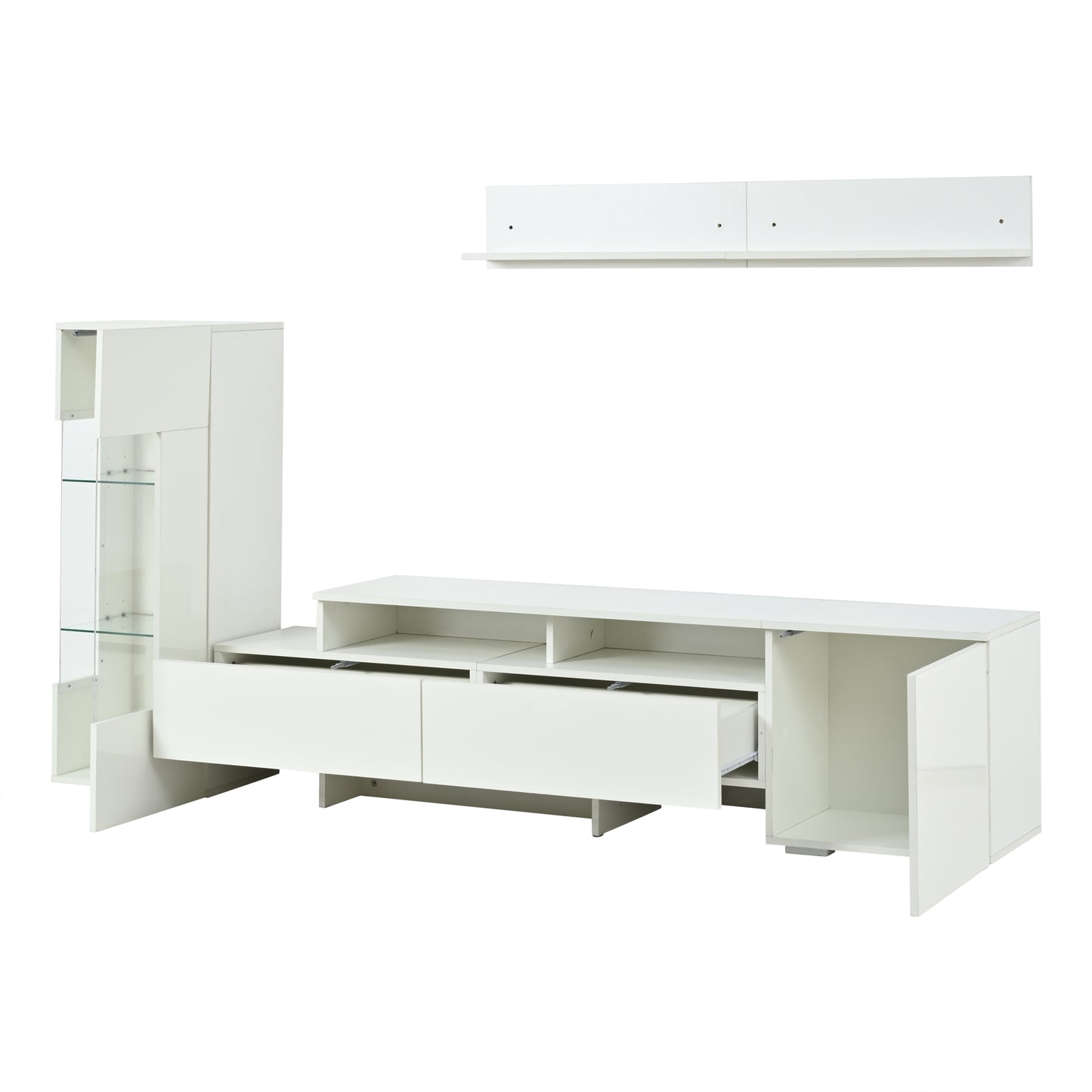 TV Wohnwand Set 3-teilig Weiß Hochglanz mit LED-Beleuchtung, TV-Schrank stehend und hängend, für Fernseher bis 70 Zoll