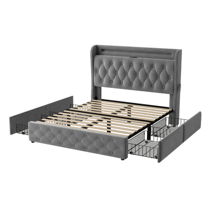Polsterbett 140x190 Samt LED-Bett mit USB & Typ-C, Bettgestell mit 4 Schubladen & Stauraum-Kopfteil, Modernes Doppelbett, 300kg Last, Grau