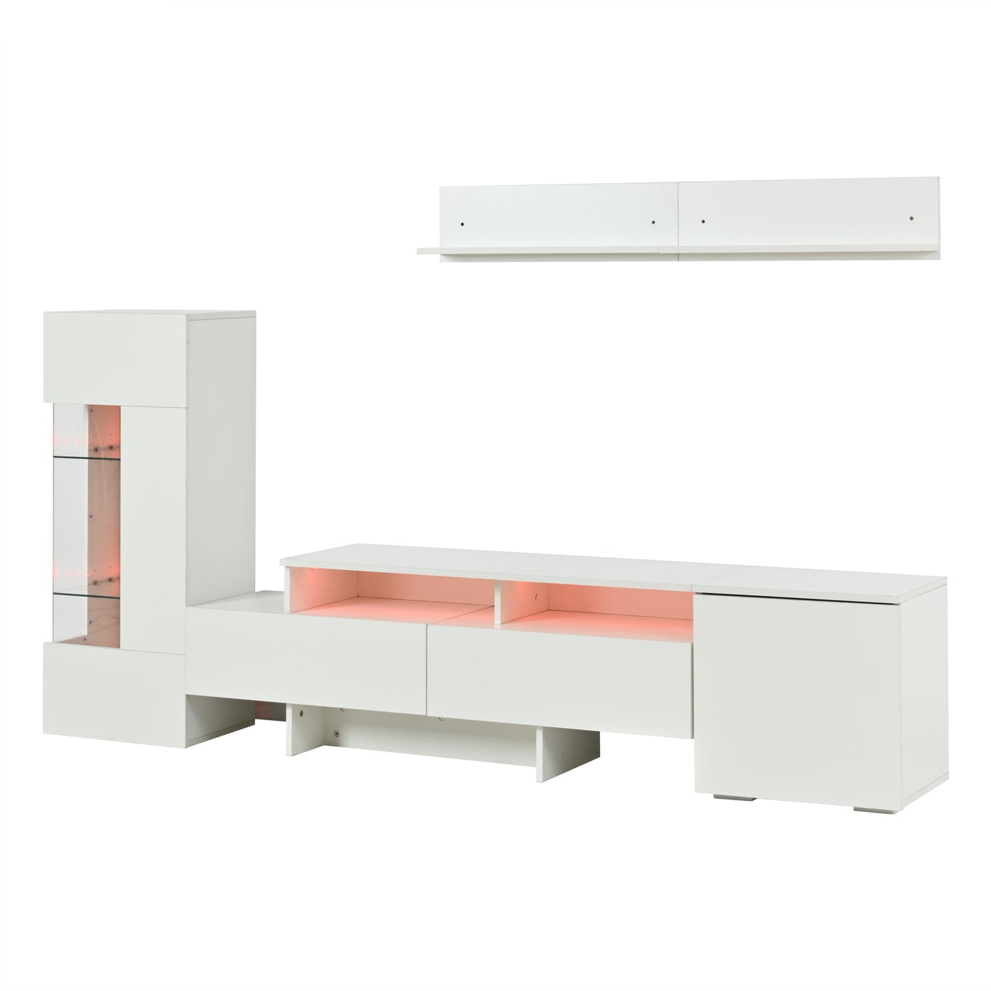 TV Wohnwand Set 3-teilig Weiß Hochglanz mit LED-Beleuchtung, TV-Schrank stehend und hängend, für Fernseher bis 70 Zoll