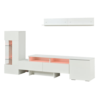 TV Wohnwand Set 3-teilig Weiß Hochglanz mit LED-Beleuchtung, TV-Schrank stehend und hängend, für Fernseher bis 70 Zoll
