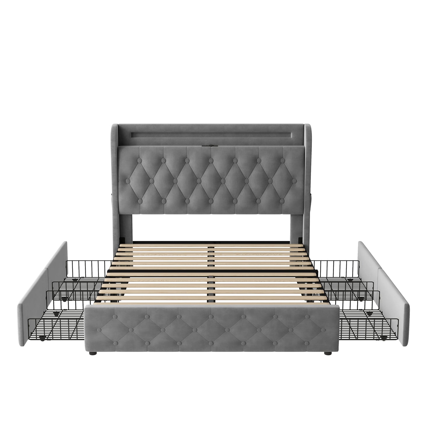 Polsterbett 140x190 Samt LED-Bett mit USB & Typ-C, Bettgestell mit 4 Schubladen & Stauraum-Kopfteil, Modernes Doppelbett, 300kg Last, Grau