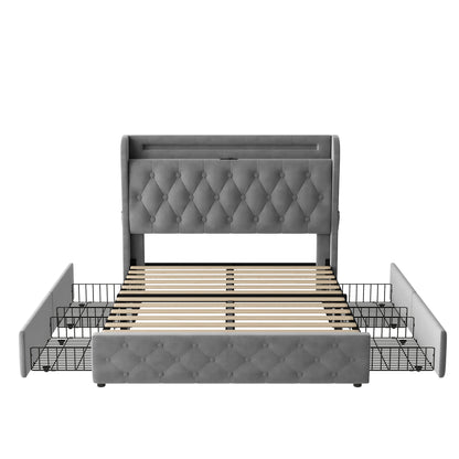 Polsterbett 140x190 Samt LED-Bett mit USB & Typ-C, Bettgestell mit 4 Schubladen & Stauraum-Kopfteil, Modernes Doppelbett, 300kg Last, Grau