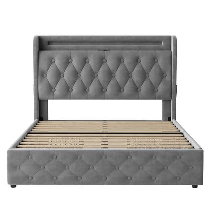 Polsterbett 140x190 Samt LED-Bett mit USB & Typ-C, Bettgestell mit 4 Schubladen & Stauraum-Kopfteil, Modernes Doppelbett, 300kg Last, Grau