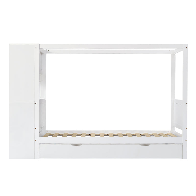 Einzelbett, Kinderbett mit Fallschutz und Gitter,  Holzbett mit Stauraum, Weiß+Natur,  90x200cm