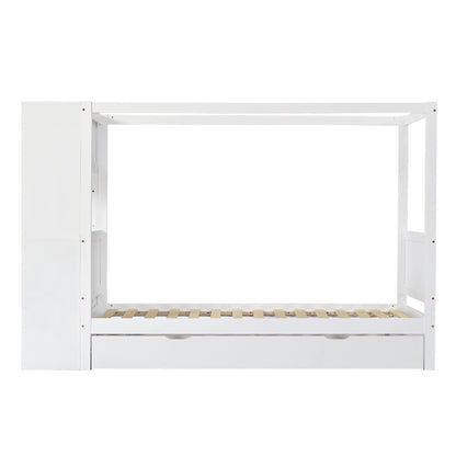 Einzelbett, Kinderbett mit Fallschutz und Gitter,  Holzbett mit Stauraum, Weiß+Natur,  90x200cm