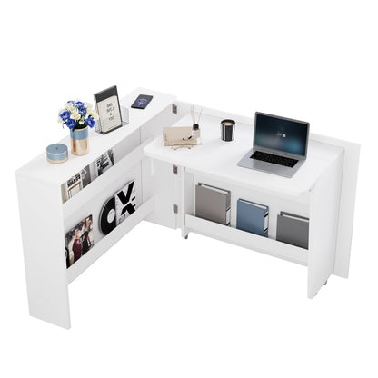 Faltbarer Schreibtisch mit Rollen & Wireless Charger–2-in-1 Sideboard & Arbeitsplatz, 115×27×93 cm (geschlossen, 95×51cm) White