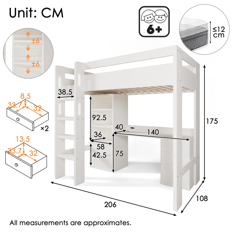 Kinderbett Hochbett mit USB-C Schreibtisch, Kleiderschrank und Aktenschrank, Jugendbett  Einzelbett mit Treppe und Lattenrost, Stauraum,90×200, Ohne Matratze