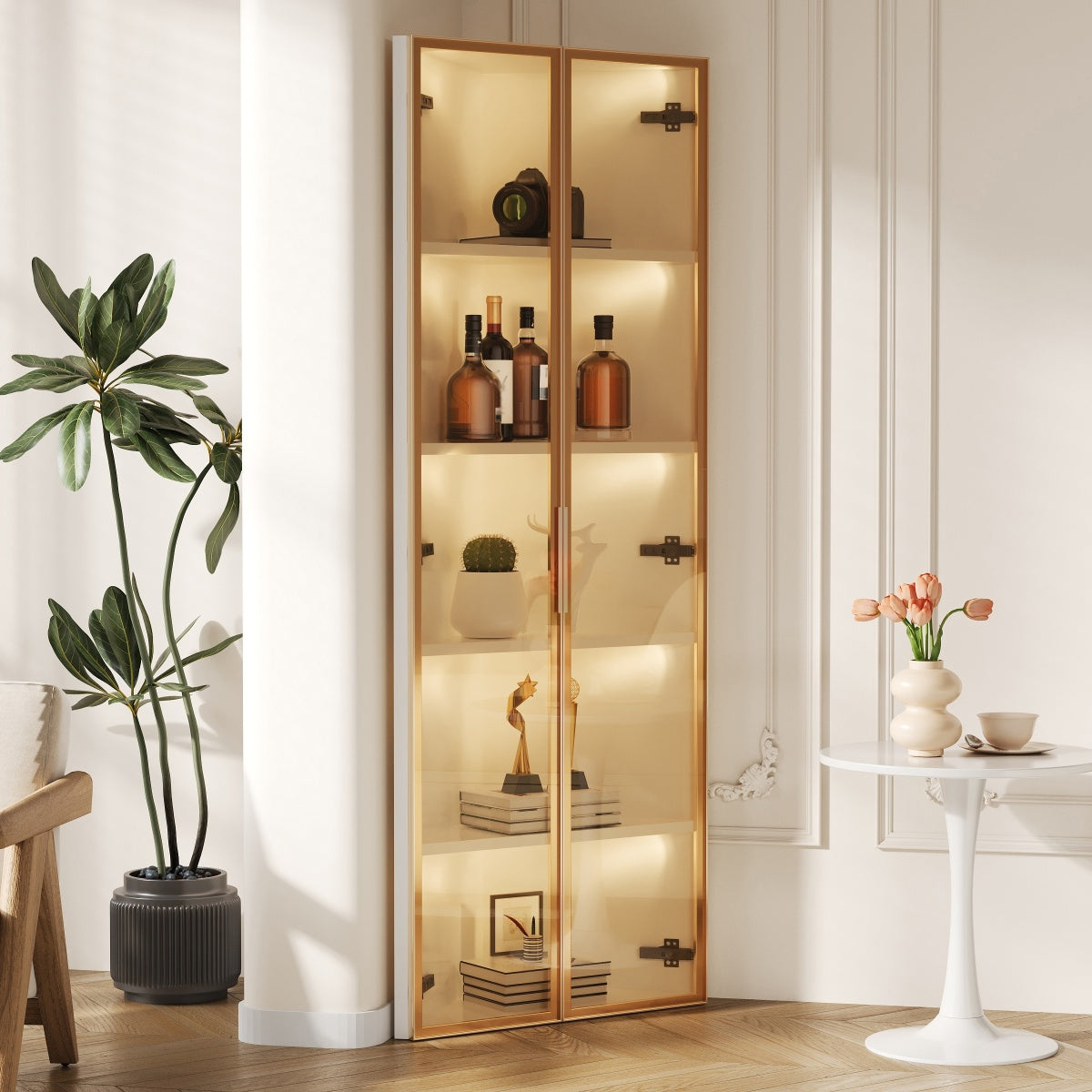 Eckvitrine 62x35x160cm Weiß mit LED – Staubgeschützte Glasvitrine aus Sicherheitsglas & MDF, moderner Eckschrank mit Soft-Close-Türen
