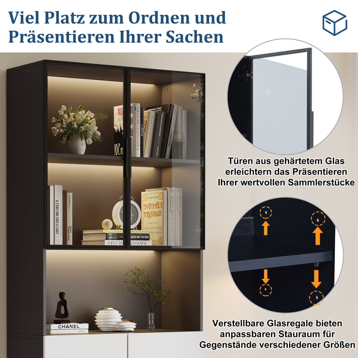 Moderne Vitrine 80x30x200cm Weiß/Schwarz - Glasschrank mit LED, Einstellbare Helligkeit & Farbtemperatur, Sammler-Bücherregal mit Glastüren