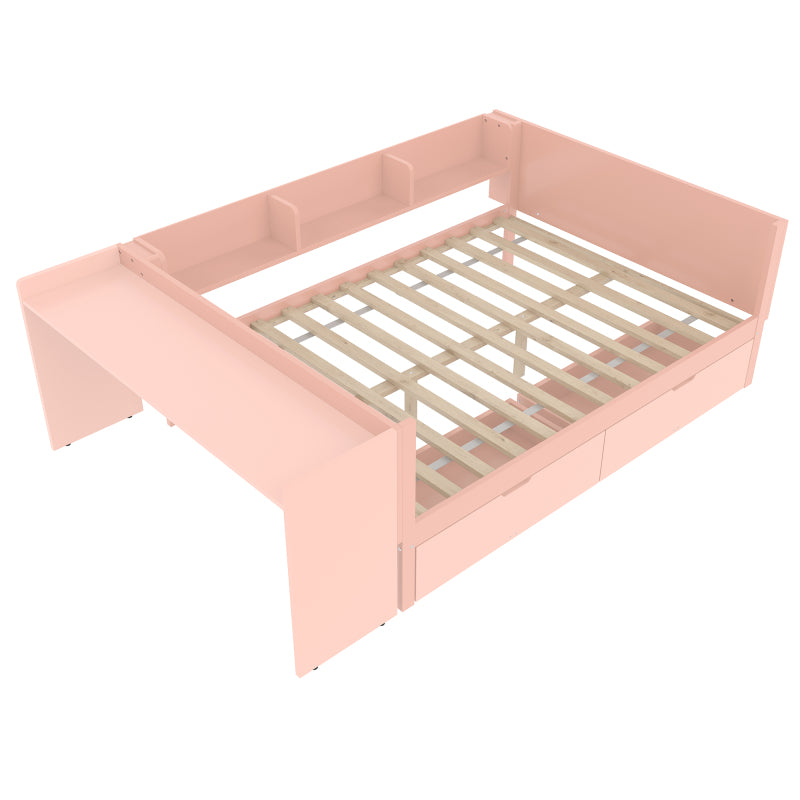 Flachbett, Holzbett, 140x200cm, mit Schreibtisch, ausgestattet mit 2 Schubladen, Doppelbett(Ohne Matratze), mit Regalen, Kiefer + Spanplatte, Rosa