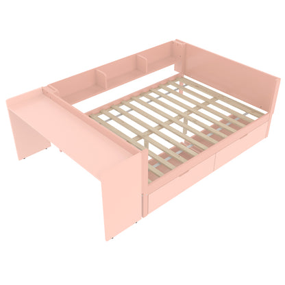 Flachbett, Holzbett, 140x200cm, mit Schreibtisch, ausgestattet mit 2 Schubladen, Doppelbett(Ohne Matratze), mit Regalen, Kiefer + Spanplatte, Rosa
