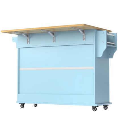 Esswagen/Anrichte, 112x40(70)x94 cm, Blau, Klappbare Massivholzoptik-Arbeitsplatte, mit Ablagetür, Rollen & Auswechselbaren Massivholzfüßen, für Küche & Esszimmer