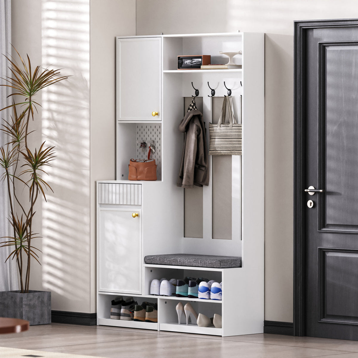Garderoben-Set mit Sitzbank, Schubladen & Lochwand, Flurgarderobe 6-in-1, MDF, Weiß, 100x180x35 cm