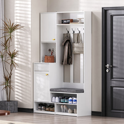 Garderoben-Set mit Sitzbank, Schubladen & Lochwand, Flurgarderobe 6-in-1, MDF, Weiß, 100x180x35 cm