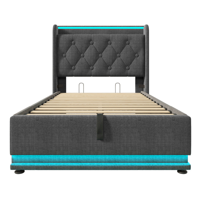 Polsterbett einzelbett,360-Surround-LED-Funktion, Drucktaste/App/Fernbedienung,90*200 cm, Grau Leinen-Material Hydraulisches Lagerbett, gepolstertes Kopfteil mit USB Typ-C Ladefunktion (Ohne Matratze)
