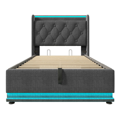 Polsterbett einzelbett,360-Surround-LED-Funktion, Drucktaste/App/Fernbedienung,90*200 cm, Grau Leinen-Material Hydraulisches Lagerbett, gepolstertes Kopfteil mit USB Typ-C Ladefunktion (Ohne Matratze)