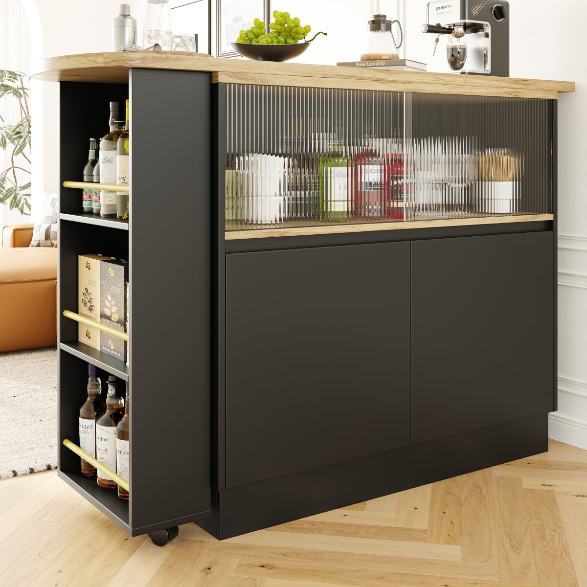 Kücheninsel mit 360° Rotation, Barschrank mit Glasschiebetür & Stauraum, Weiß & Holzoptik, multifunktionaler Küchentisch & Sideboard