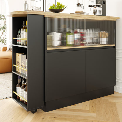 Kücheninsel mit 360° Rotation, Barschrank mit Glasschiebetür & Stauraum, Weiß & Holzoptik, multifunktionaler Küchentisch & Sideboard