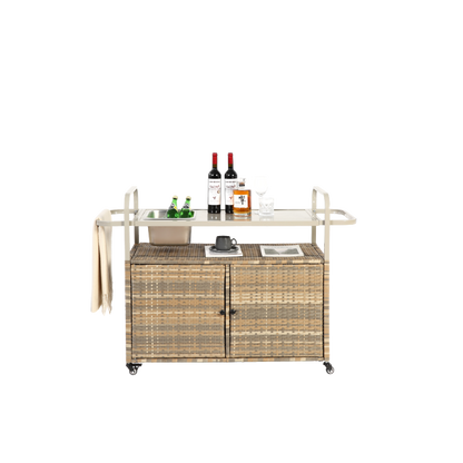 Outdoor Bar Table, Wicker Bar Cart with Cabinet, Patio Serving Cart with steel Top, with one ice bucket,Lockable Wheels, Side Basket for Garden, Poolside & Backyard, Beige