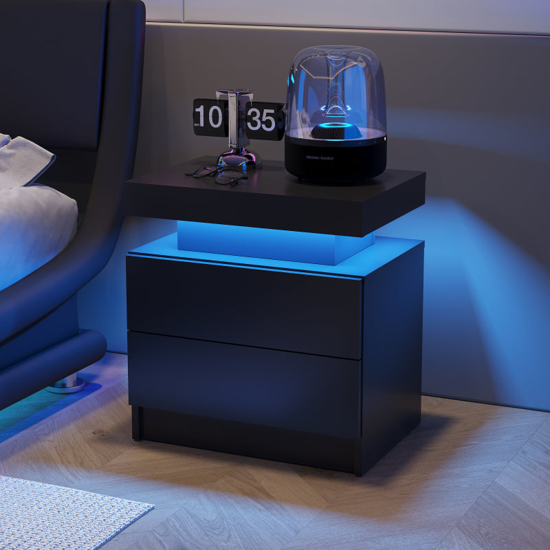 Nightstand LED Bedside Table Cabinet Lights Modern End Side with 2 Drawers for Bedroom (Black)