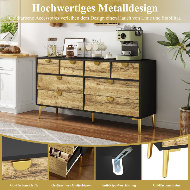 L150*W40*H78cm, Moderne Sideboard mit 8 Schubladen, Schwarz & Holzfarben, Minimalistisches Design, Goldene Metallgriff, Metallfüße, für Wohnzimmer und Esszimmer