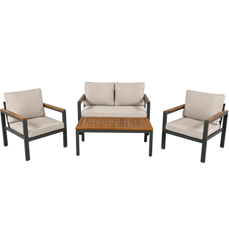 Loungeset, Gartenmöbel-Set mit Rahmen aus verzinktem Stahl, (breites Set, 4-teiliges Esstisch-Set, 1x 2-Sitzer-Sofa, 2x Einzelstühle, 1x Tisch), Akazienholz Tischplatte und Armlehnen,Beige
