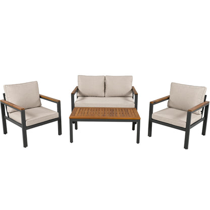 Loungeset, Gartenmöbel-Set mit Rahmen aus verzinktem Stahl, (breites Set, 4-teiliges Esstisch-Set, 1x 2-Sitzer-Sofa, 2x Einzelstühle, 1x Tisch), Akazienholz Tischplatte und Armlehnen,Beige