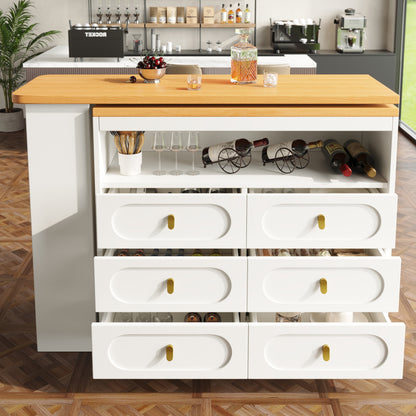 Bartisch ausziehbar 138-203cm, 360° drehbarer Stehtisch mit 6 Schubladen & Snack-Regal, moderner Küchentisch, Schreibtisch & Bar, Weiß