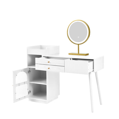 Kosmetiktisch-Set mit LED-Spiegel und 3-Farben-Beleuchtung, Schminktisch aus Holz mit 3 Schubladen und Seitenschrank, ausziehbares Design - Maße: B120/H90/T40 cm (ohne Hocker)