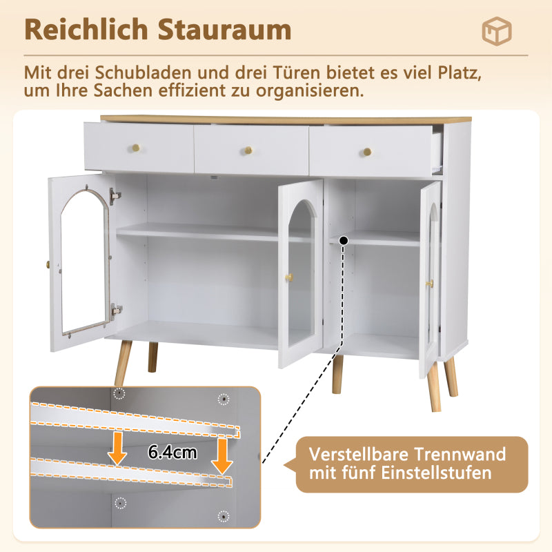 Sideboard mit 3 Schubladen und 3 gebogenen Türen mit breitem Schrank aus gehärtetem Glas für Buffettische in Küchen und Esszimmern, weiß und natur