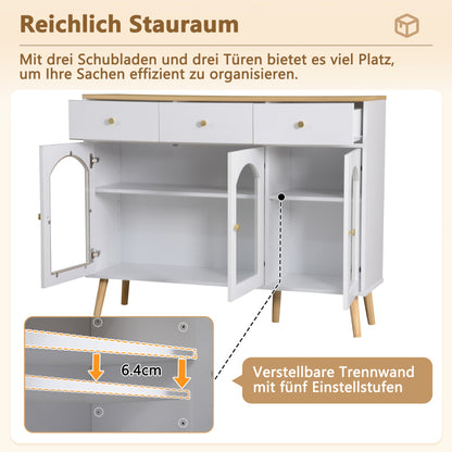 Sideboard mit 3 Schubladen und 3 gebogenen Türen mit breitem Schrank aus gehärtetem Glas für Buffettische in Küchen und Esszimmern, weiß und natur