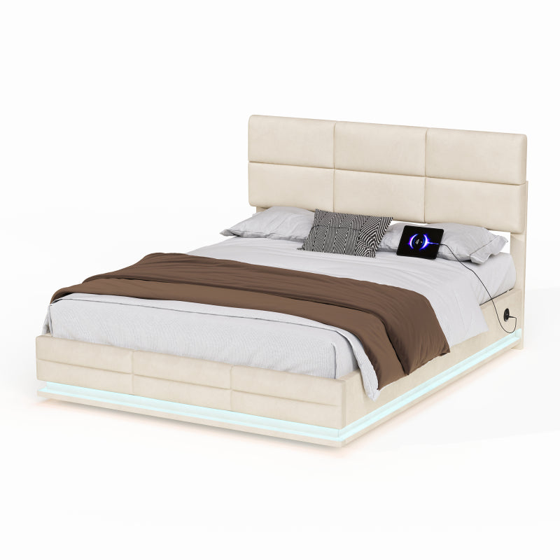140 x 200cm Bettgestell aus weichem Samt mit USB Type C Ladefunktion und LED Beleuchtung, Hydrauliksystem Stauraum Bettgestell aus Samtmaterial Jugendbett mit Lattenrost, Beige
