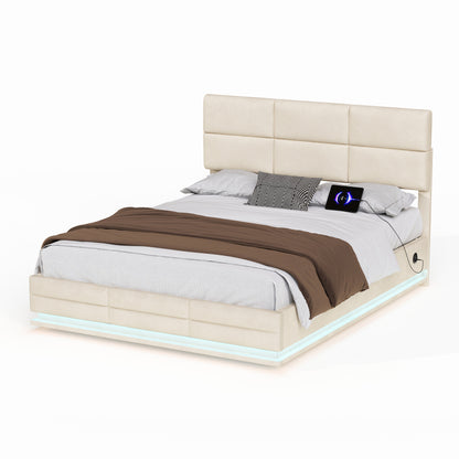 140 x 200cm Bettgestell aus weichem Samt mit USB Type C Ladefunktion und LED Beleuchtung, Hydrauliksystem Stauraum Bettgestell aus Samtmaterial Jugendbett mit Lattenrost, Beige