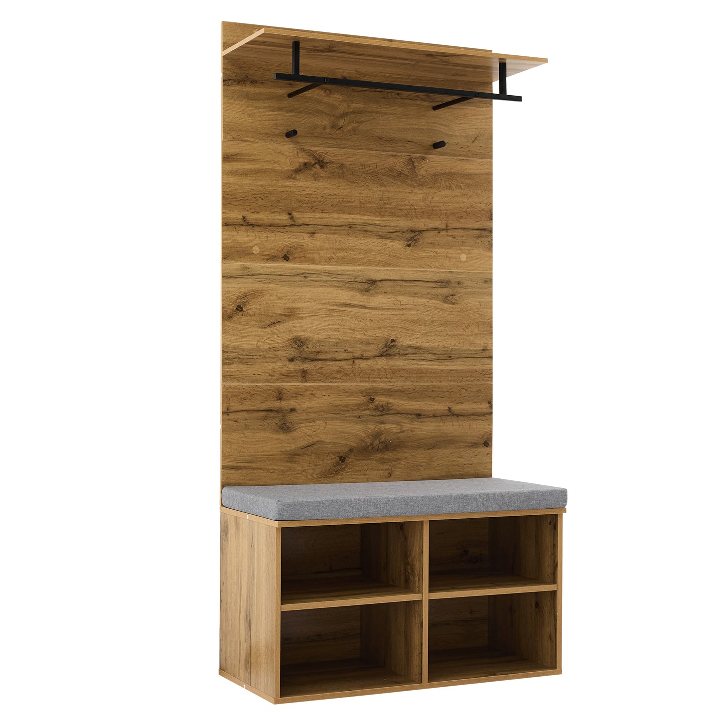 Garderobenset in Holzoptik mit Schuhbank, verstellbarem Regal, Kleiderstange und Polster, Praktische Flurmöbel