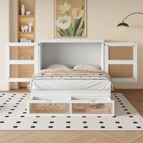 Schrankbett 140 x 200 cm, Wandbett mit Lattenrost, Wandklappbett, Rattan-Design, Holzbetten, Jugendbetten, Einzelbetten, Grau