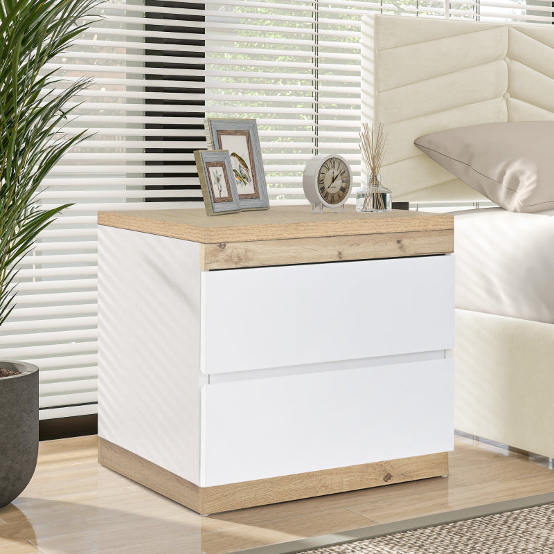 Nachttisch, Nachtschrank mit zwei Schubladen, Nachtkommode, Funktion von Aufbewahrung, für Schlafzimmer, E1-Spanplatte, weiß+oak