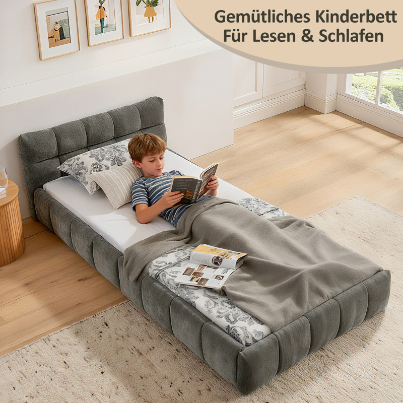 Einzelbett 90*200 cm, Kinderbett mit seidig weichem Chenille - Bezug, quadratischem Steppdesign, Dark Gray (ohne Matratze)
