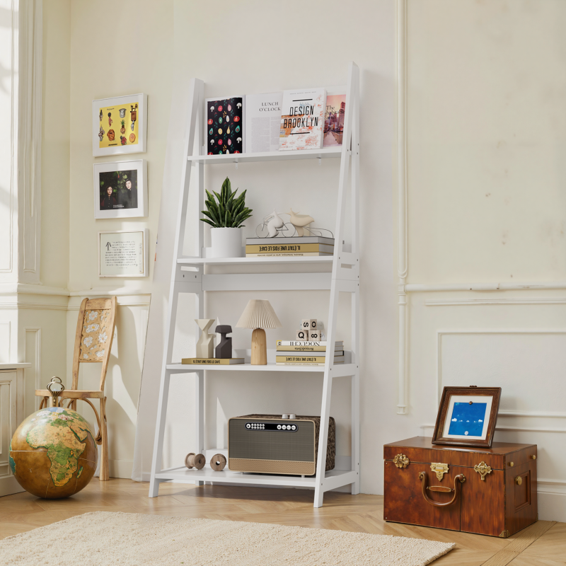 4-lagiges Leiter-Bücherregal, offener Bücherregal-Organizer & Aufbewahrungsständer für Bad, Homeoffice & Wohnzimmer, freistehend, weiß