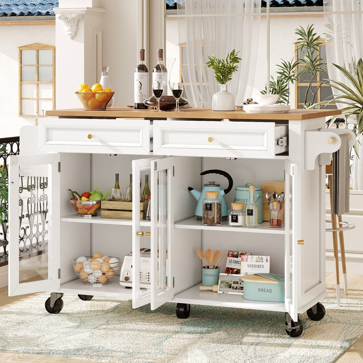 Kücheninsel mit Rollen & Glastüren, klappbare Arbeitsplatte, mobiler Servierwagen mit Schublade & Regal, Küchenwagen Weiß & Holzoptik