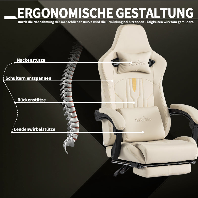 Gaming Stuhl Computerstuhl Ergonomischer Gaming Chair mit Fußstütze Bürostuhl Ergonomischer Computerstuhl mit Lendenwirbelstütze Beige