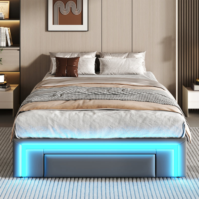 Bettgestell 90X200 mit Schubladen, PU-Leder Bett ohne Kopfteil Mit LED-Lichtleiste, MetalllattenPlattformbett für moderne Schlafzimmer Grau