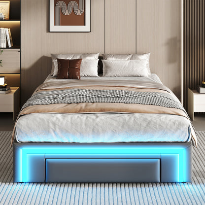 Bettgestell 90X200 mit Schubladen, PU-Leder Bett ohne Kopfteil Mit LED-Lichtleiste, MetalllattenPlattformbett für moderne Schlafzimmer Grau