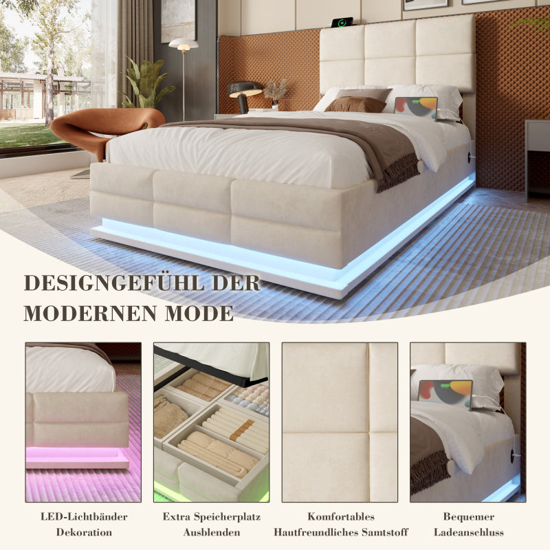 90x200 cm Modernes Velours-Polsterbett mit höhenverstellbarem Kopfteil - Inkl. USB/Type-C-Anschlüssen, LED-Ambientebeleuchtung, hydraulischem Lift-System & XXL-Stauraum (ohne Matratze) - Beige
