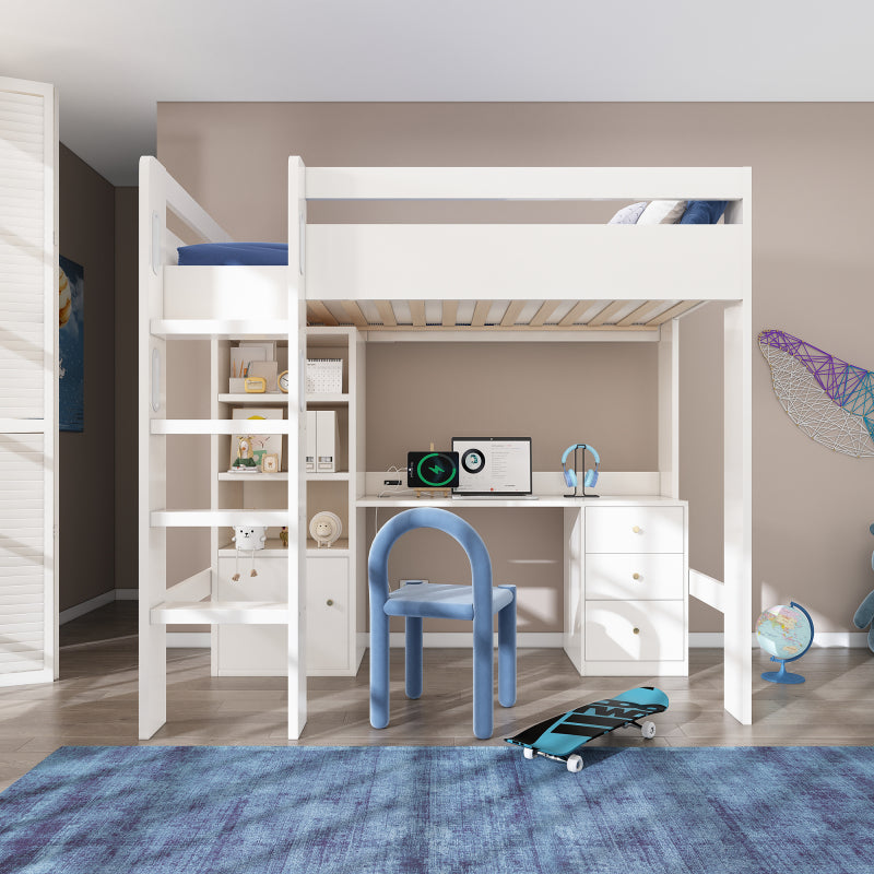 Kinderbett Hochbett mit USB-C Schreibtisch, Kleiderschrank und Aktenschrank, Jugendbett  Einzelbett mit Treppe und Lattenrost, Stauraum,90×200, Ohne Matratze