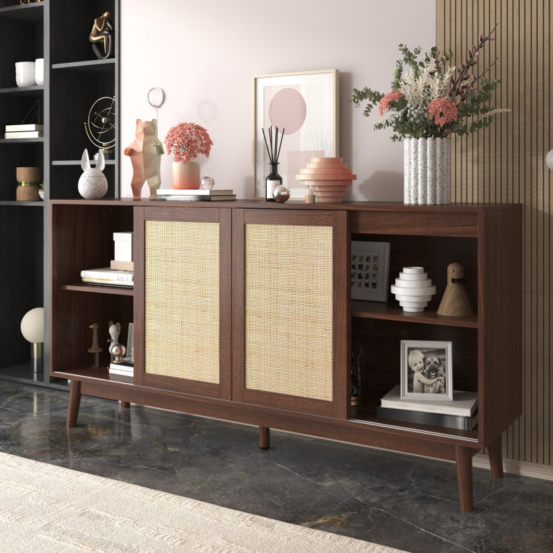 Sideboard mit 3 Schiebetüren aus echtem Rattan und 2 Schubladen, 155x38x80 cm, atmungsaktiv, stabil und vielseitig