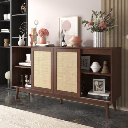 Sideboard mit 3 Schiebetüren aus echtem Rattan und 2 Schubladen, 155x38x80 cm, atmungsaktiv, stabil und vielseitig
