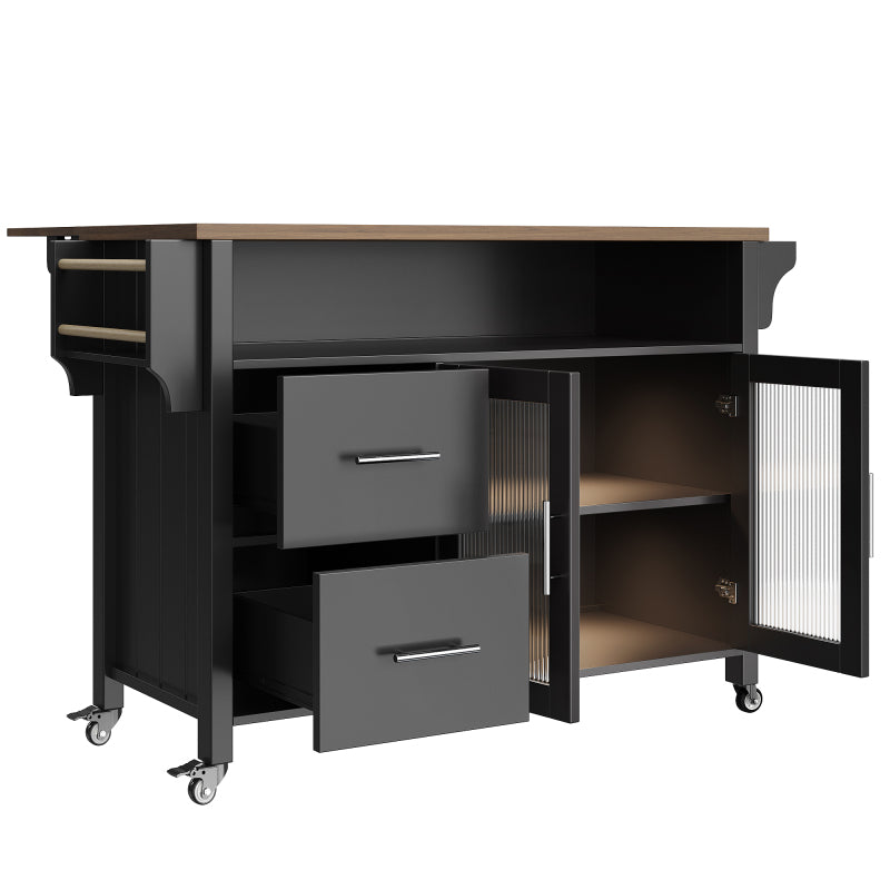 Kücheninsel mit herausnehmbaren Trennwänden, Speisewagen mit Arbeitsplatte, Buffetschrank, Speisewagen mit Glasvitrine in Holzmaserung, LED-Leuchten, seitlicher Handtuchhalter mit Rollen, Schwarz