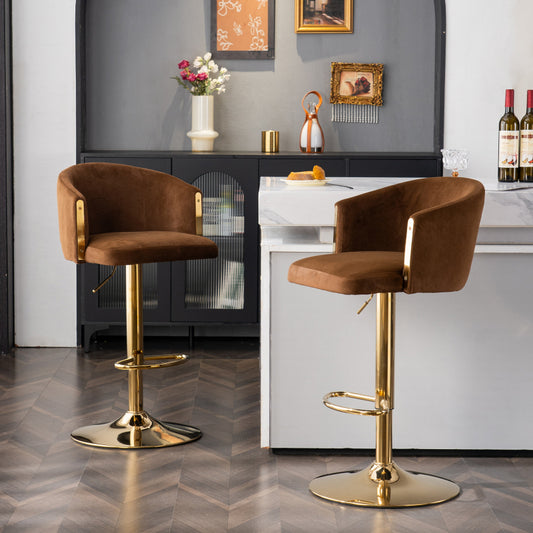 Moderner drehbarer höhenverstellbarer Barhocker, moderner Barhocker für Küche, Bar und Restaurant Theken, Hubhocker mit Rückenlehne und goldener Fußstütze (brown.Set of 2)