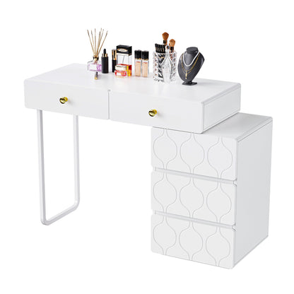 Schminktisch, 5 Schubladen, ohne Spiegel und Hocker, Schrank und Beine links und rechts austauschbar, 90x 40 x 73.5 cm, Wellenmuster, minimalistischer Stil, Kommode, weiß