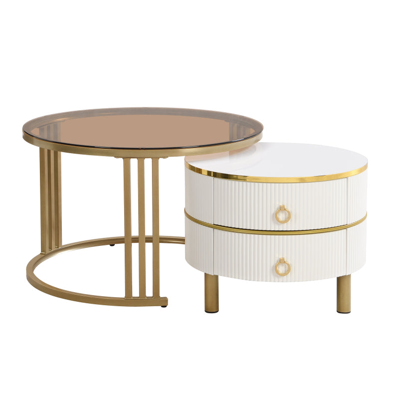 2-in-1 runder Couchtisch aus MDF, Beistelltisch mit 1 weißen Platte und 1 braunen Platte aus gehärtetem Glas, Couchtischkombination mit 2 Schubladen für das Wohnzimmer, 70*70*45 + 50*50*40 cm